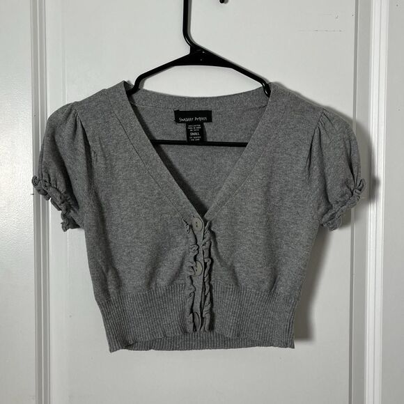 Y2K Vintage Gray Cropped Cardigan Sweater Puff Sleeves from Sweater Project - Picture 3 of 8